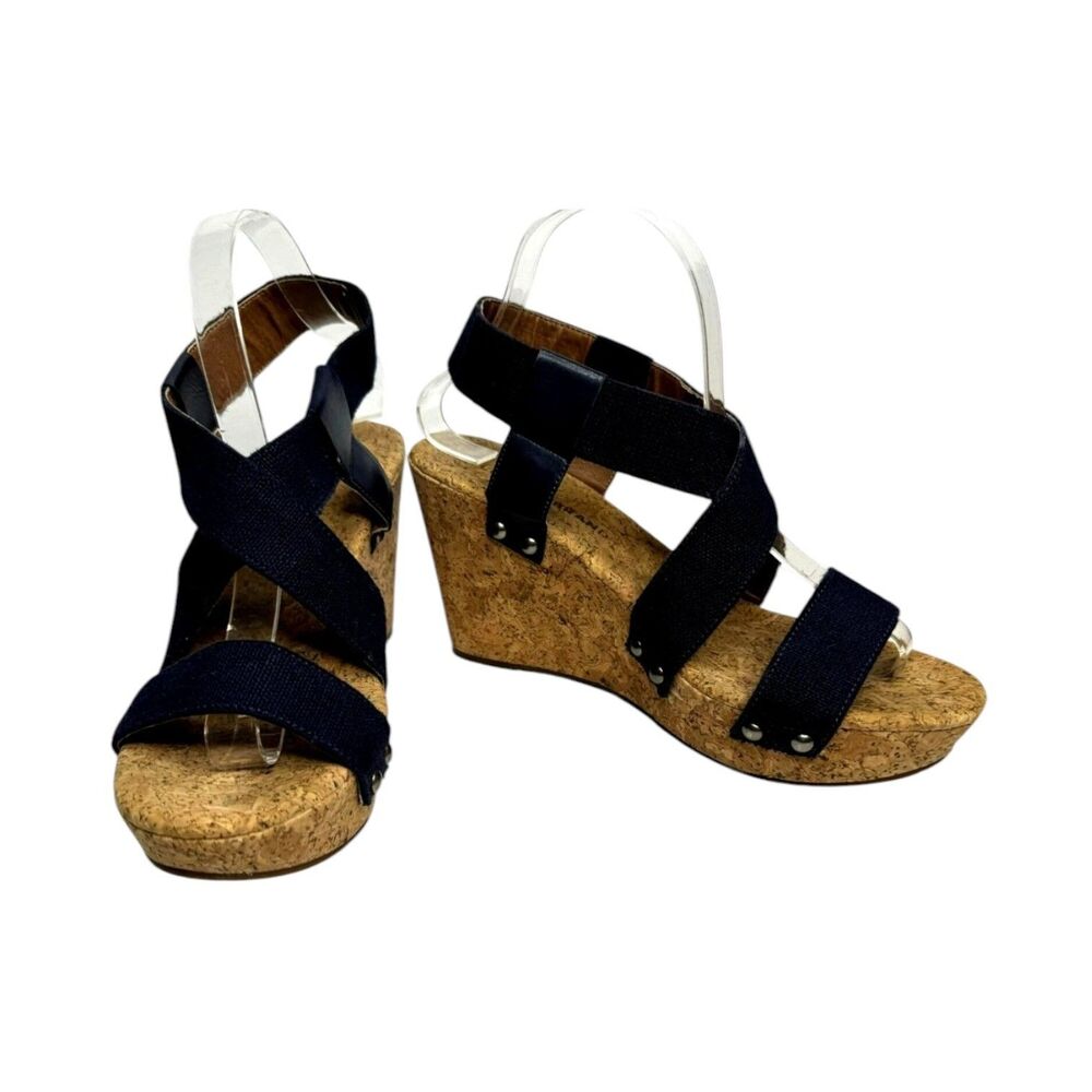 Lucky Brand Marla Cork Wedge Sandal Shoe Canvas Strap Black Women 10